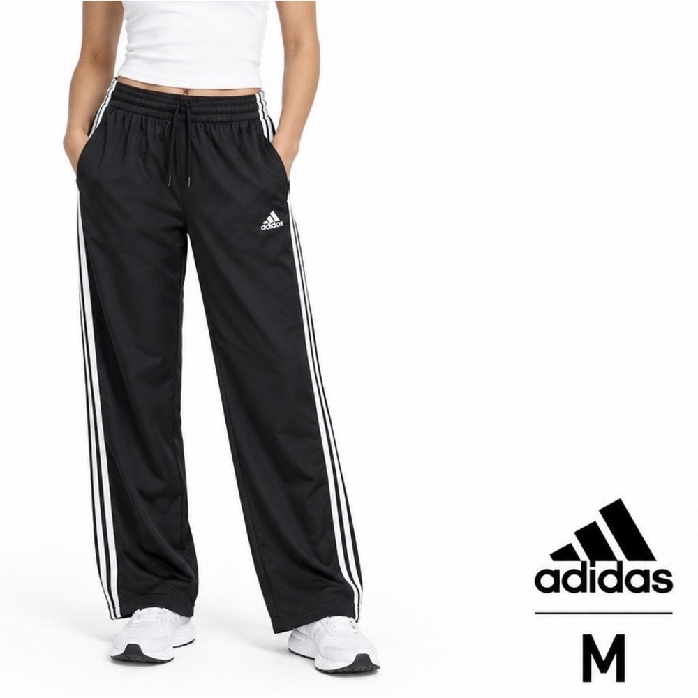 adidas Classic 3 Stripes Track Pants Women's M Black White Open Hem Drawstring